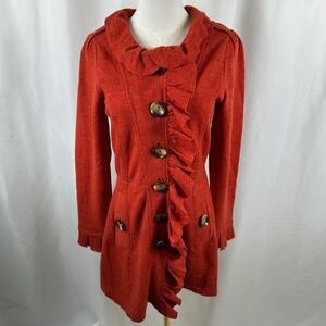 Charlie & Robin Cardigan NWT Womens XS Burnt Orange 100% Wool Ruffle Longline
